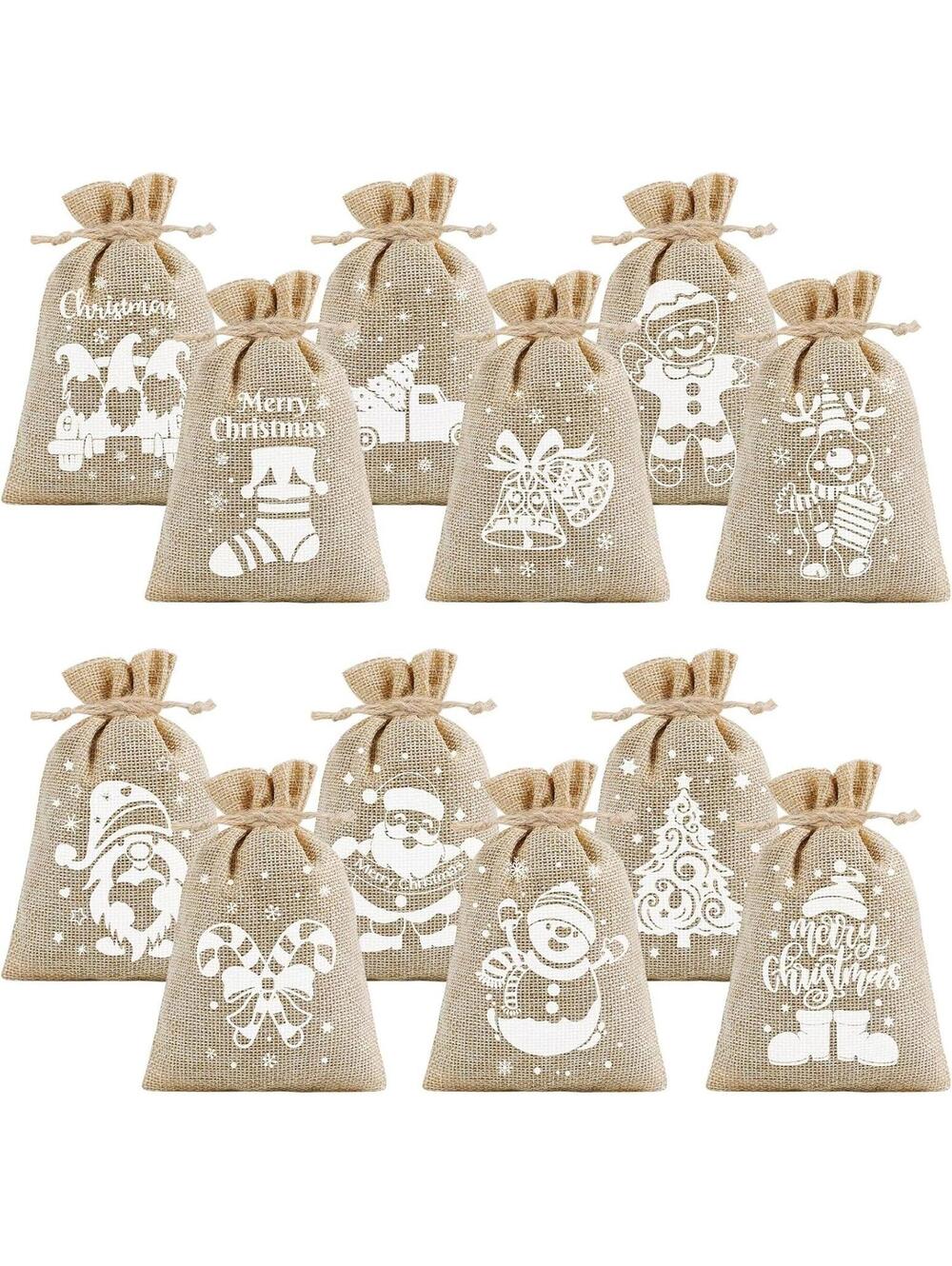 36Pcs Christmas Burlap Gift Bags with Drawstring 4x6in Christmas Linen Treat Bag